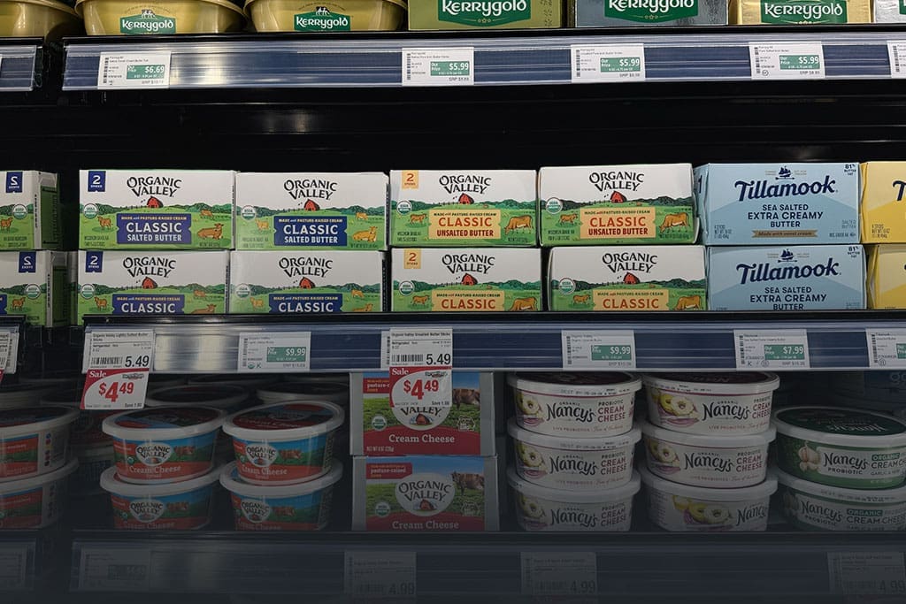 Various butters on a shelf